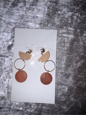 Gold-Tone Earrings with Tan and Brown Wooden Discs